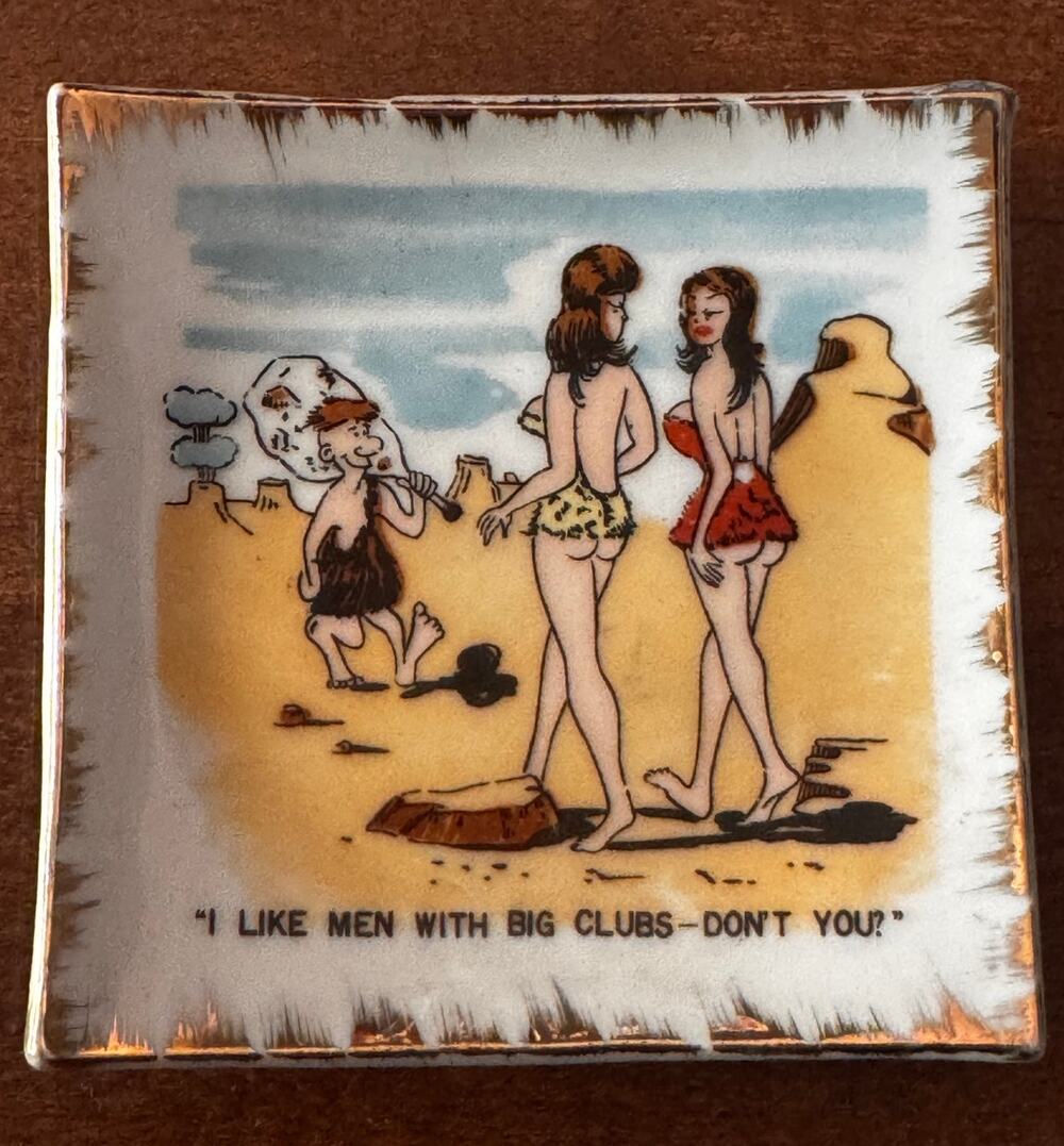 Vintage Mid Century Humorous Caveman Ceramic Ashtray Big Club Jok- Retro Bar